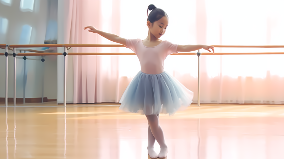 少女在芭蕾杆上平衡练习摄影图片