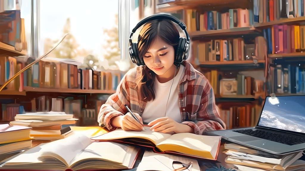 女大学生笑容满面图书馆学习摄影图