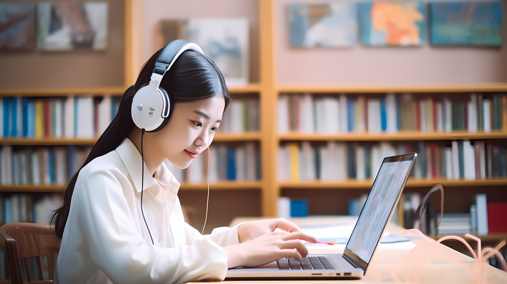 校园女孩戴耳机摄影图版权图片下载