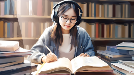 戴耳机的华丽女学生在学习区域照片