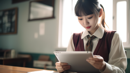 女学生认真用笔记本电脑学习摄影图片