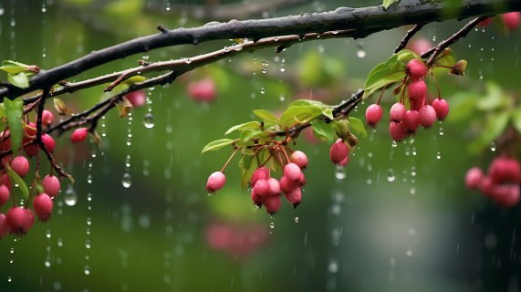 樱花绽放下的雨滴摄影图