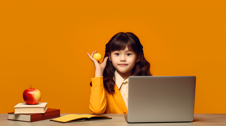 轻橙黄风格创新设计的儿童笔记本电脑桌上苹果摄影图版权图片下载