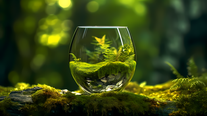 玻璃杯中森林生态雨中绿叶摄影图版权图片下载