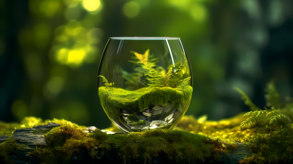 玻璃杯中森林生态雨中绿叶摄影图
