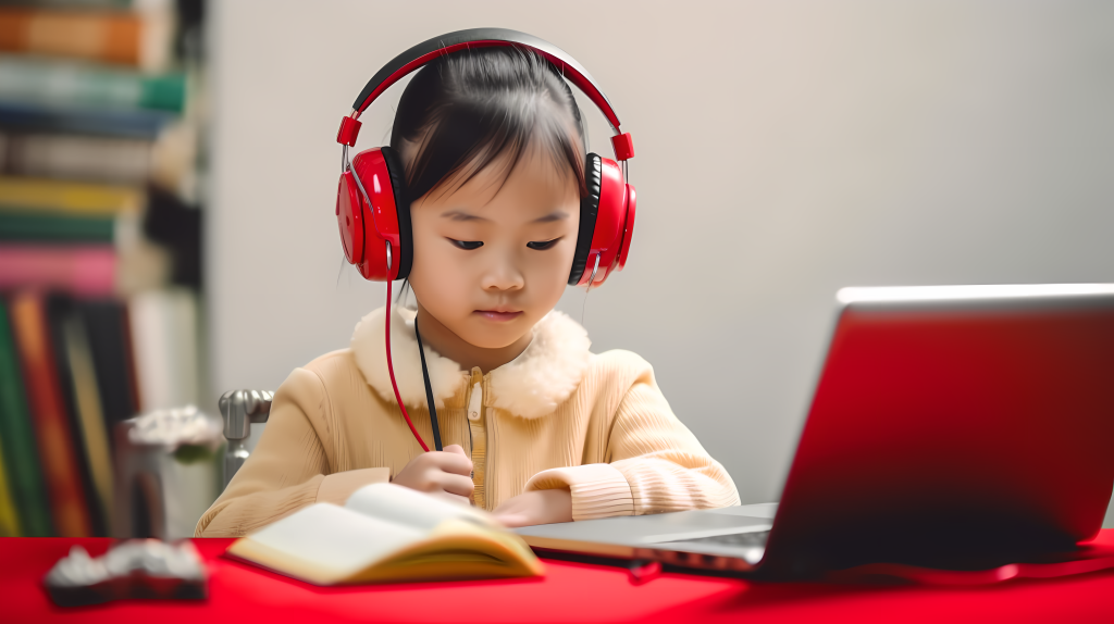 耳机少女在家中玩手机电脑摄影图版权图片下载