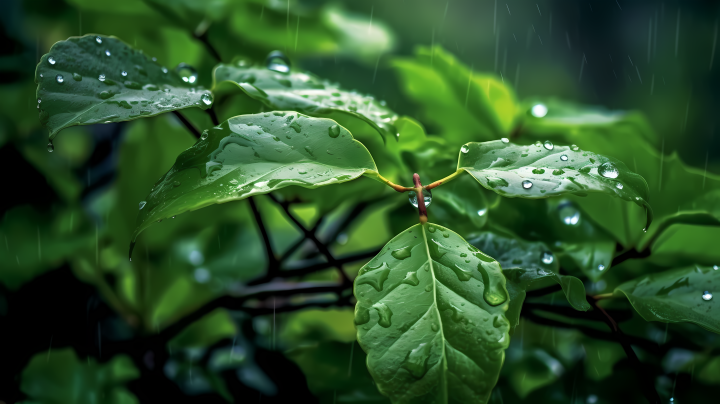 树叶上的雨滴自然主义摄影图版权图片下载