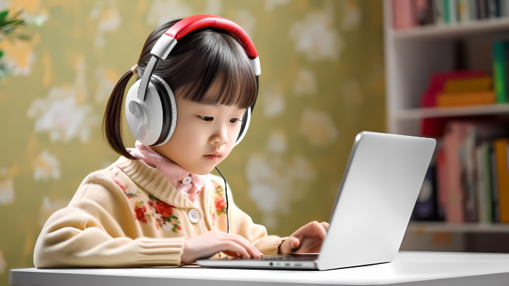 带着耳机在电脑上学习的小女孩高清图版权图片下载