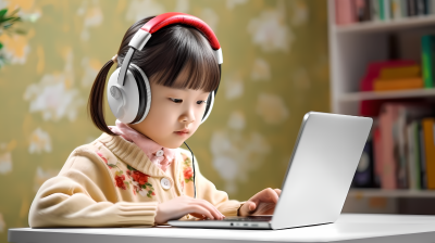带着耳机在电脑上学习的小女孩高清图