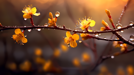 花枝上的雨滴光影浪漫景色摄影图