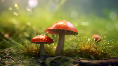蘑菇独立于草地上站立的梦幻景观摄影图