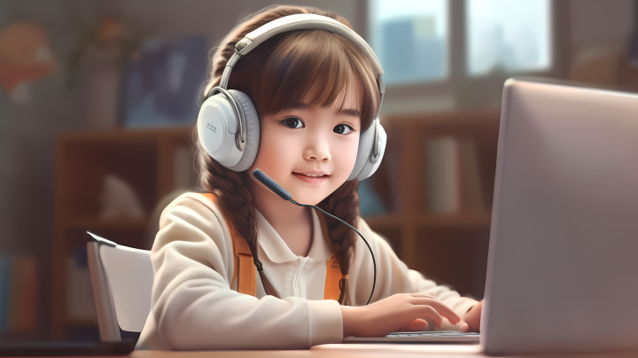 可爱小女孩电脑前听音乐版权图片下载