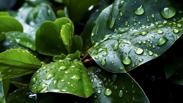 自然意象下的雨滴树叶摄影图版权图片下载