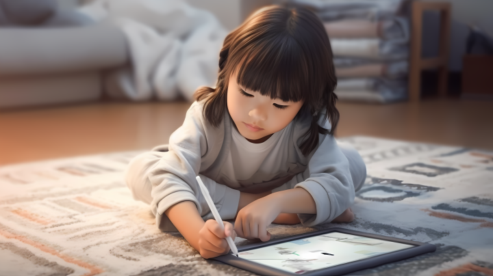 亚洲小女孩在地毯上用平板追踪图片的摄影图版权图片下载
