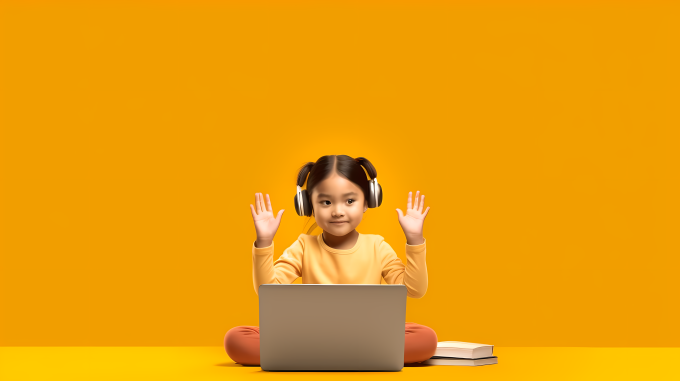 创新设计橙黄色背景儿童坐在电脑前摄影图