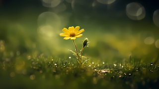 明晨微雨黄花绿草迷人风景摄影图