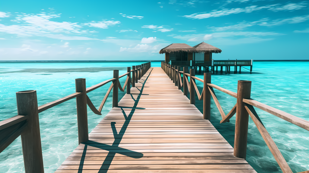 马尔代夫沙滩上的喷气式码头摄影图版权图片下载