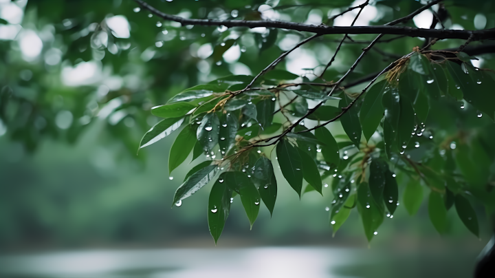 公园里下雨中的树叶图版权图片下载