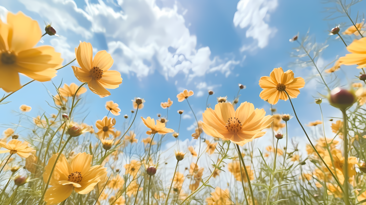 黄色秋海棠花与蓝天白云的摄影图版权图片下载