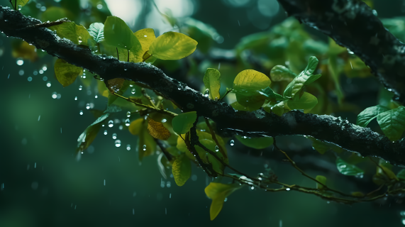 下雨中的绿植美景图