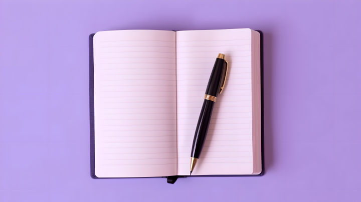 紫色背景笔记本上的钢笔摄影图版权图片下载
