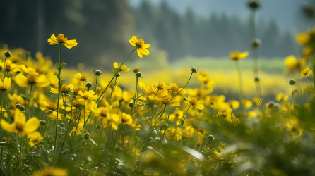 雾霭中的黄色野花