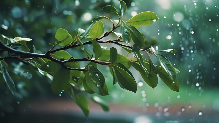 水珠滴落的绿叶树枝摄影图版权图片下载