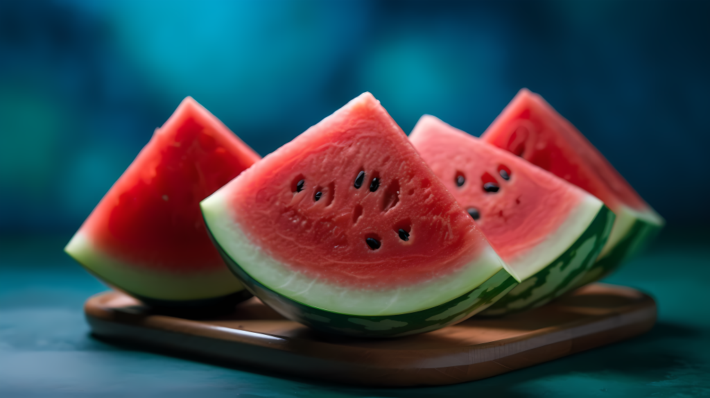 瓜板流水深翠浅蓝色调下的西瓜摄影图版权图片下载