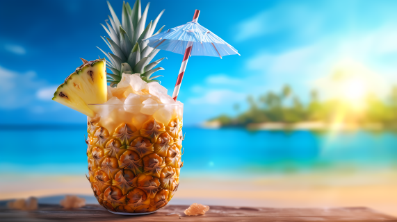 椰子菠萝鸡尾酒海景像素摄影图