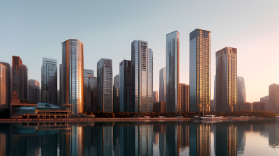 天蓝色的现代摩天大楼坐落在河岸边的摄影图
