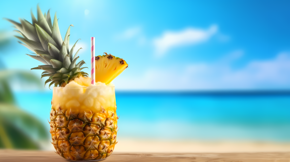 椰子菠萝鸡尾酒海景像素摄影图片