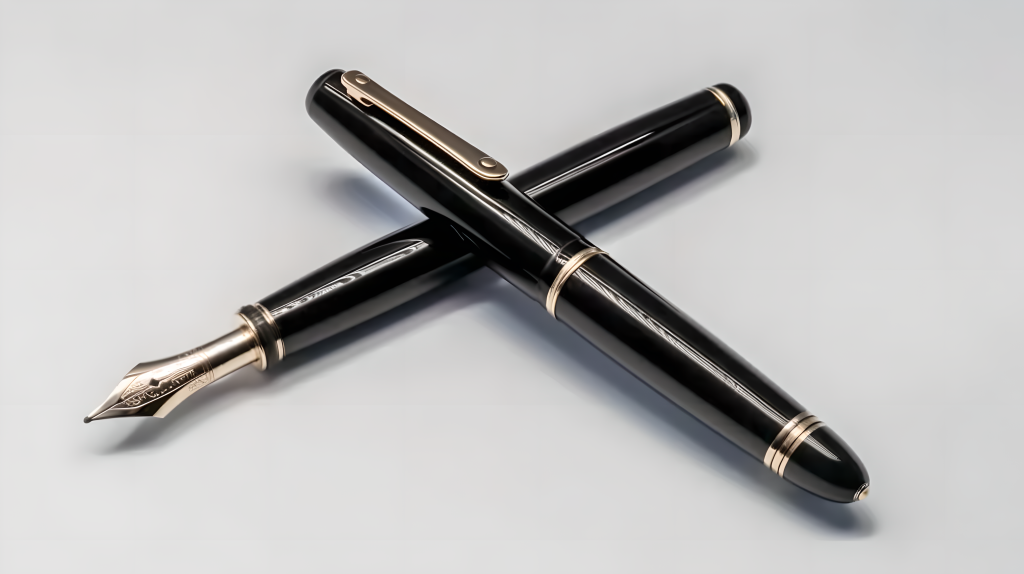 白底背景下交叉摆放的黑色钢笔摄影图版权图片下载