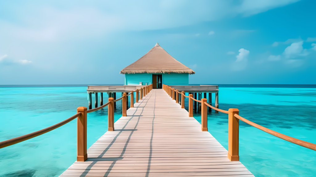 马尔代夫海滩喷泉码头摄影图