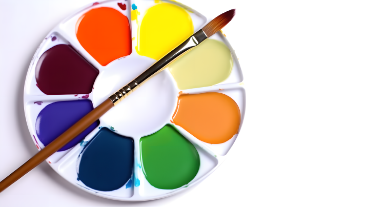 清新色调的画笔与调色板摄影图版权图片下载