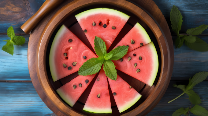 清爽可口的西瓜薄荷摄影图片