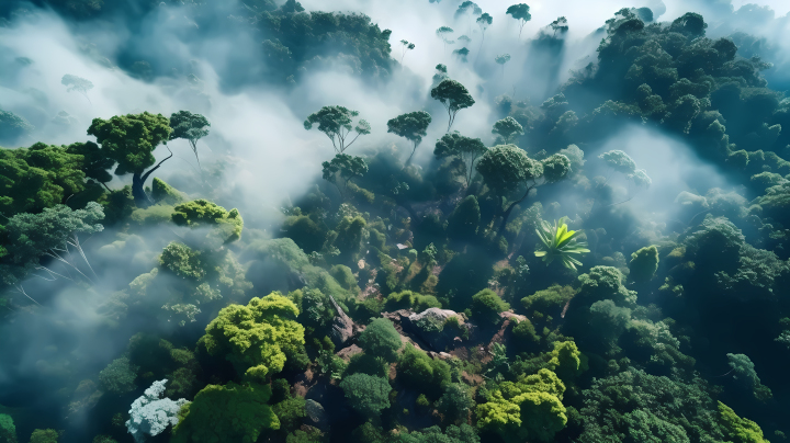 云雾缭绕的森林高清航拍摄影图版权图片下载