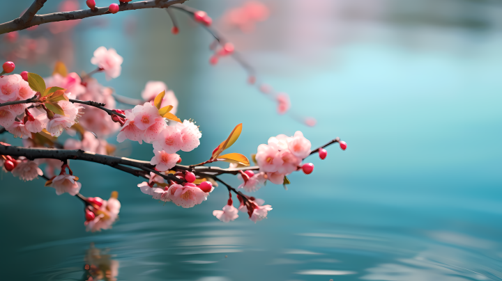 樱花枝头粉色花朵与蓝天相映日式风情摄影图版权图片下载