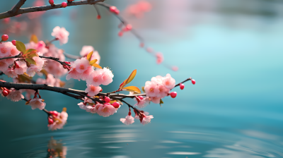 樱花枝头粉色花朵与蓝天相映日式风情摄影图