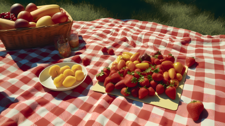 各种水果摆放在野餐毯上果篮野餐高清图