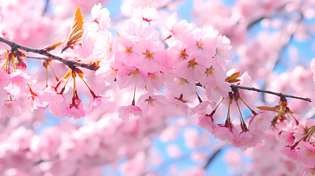 粉色花枝与蓝天相映的日式风格摄影图
