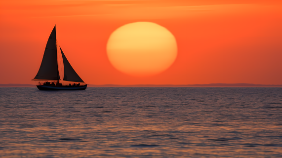橙红色日落时分的帆船漂浮摄影图