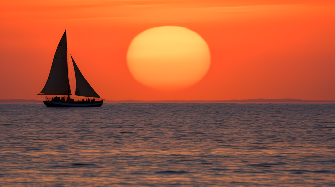 橙红色日落时分的帆船漂浮摄影图