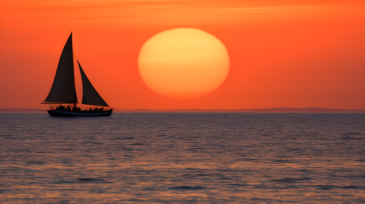 橙红色日落时分的帆船漂浮摄影图版权图片下载
