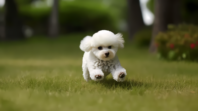 白色比熊淡黄色狗在草地上奔跑摄影图