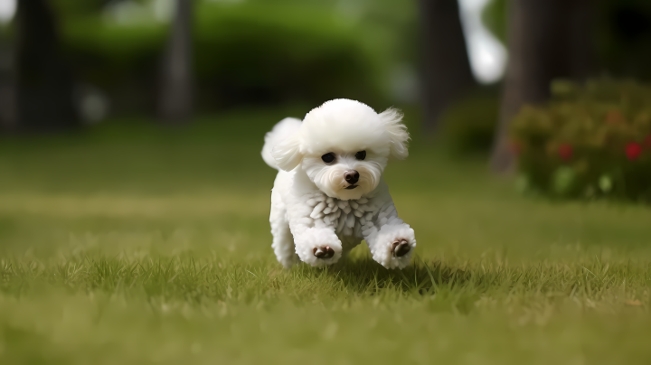 白色比熊淡黄色狗在草地上奔跑摄影图版权图片下载