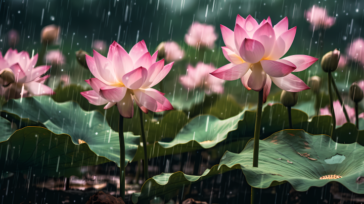 雨水百合荷花壁纸迷人日系摄影图版权图片下载