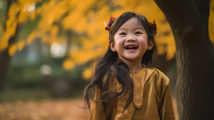 公园里的小女孩微笑摄影图版权图片下载