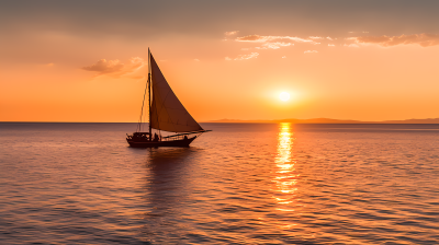 壮美的日落海面帆船自然景象摄影图