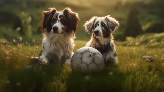 两只犬在草地上嬉戏玩球摄影图