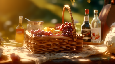 秋日野餐红白葡萄酒面包和葡萄的创意共享摄影图片